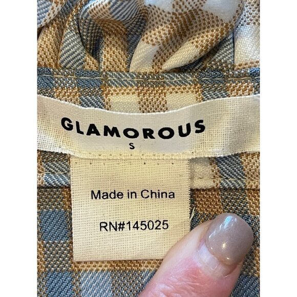 Glamorous Asos Blue Tan And Ivory Plaid‎ Ruffled Tie Neck Mini Dress Size S - Picture 10 of 11